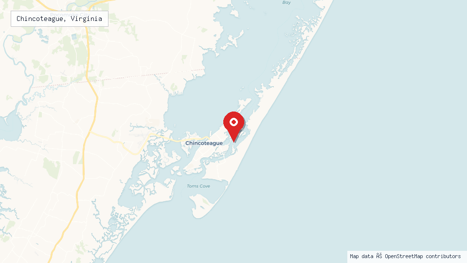 Street map of Chincoteague, Virginia with location pin