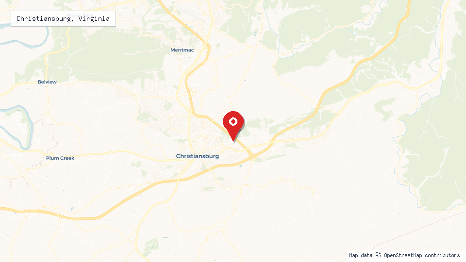 Street map of Christiansburg, Virginia with location pin