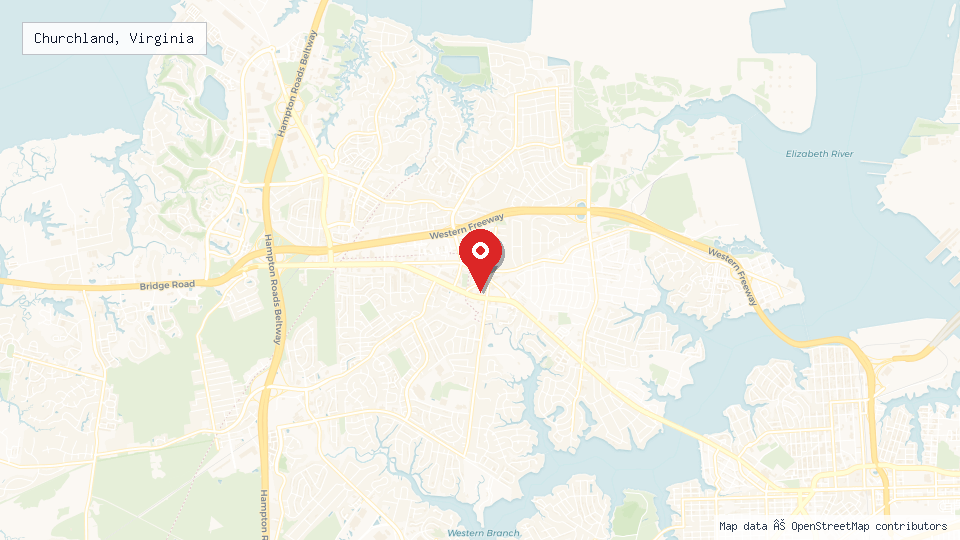 Street map of Churchland, Virginia with location pin
