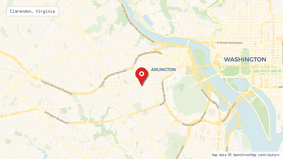 Street map of Clarendon, Virginia with location pin