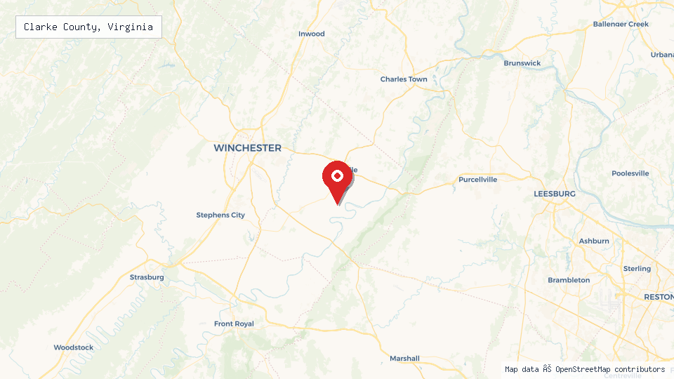 Street map of Clarke County, Virginia with location pin
