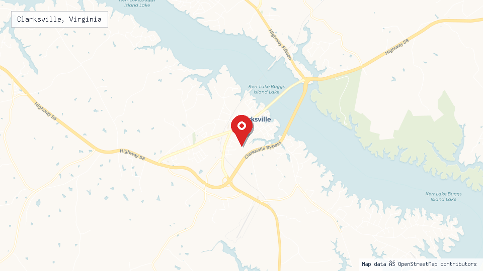 Street map of Clarksville, Virginia with location pin