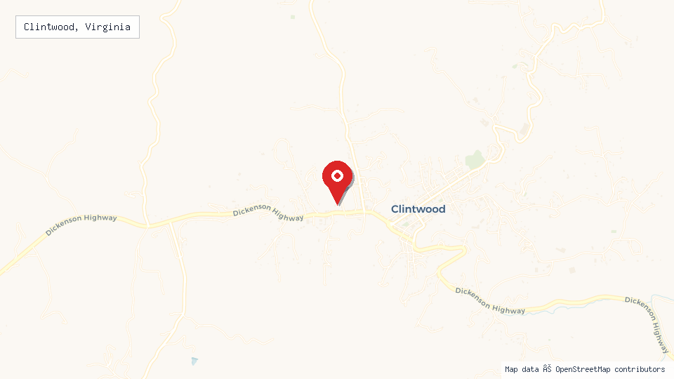 Street map of Clintwood, Virginia with location pin