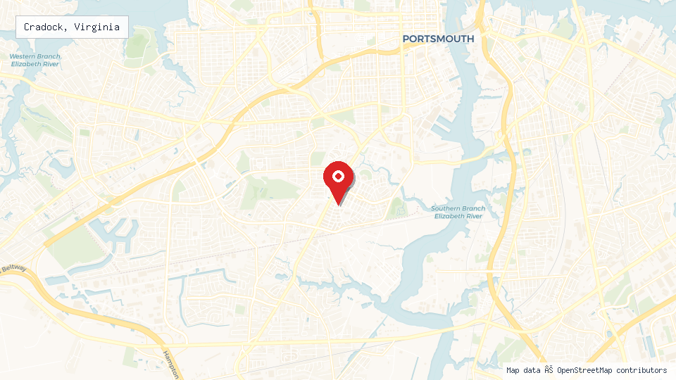 Street map of Cradock, Virginia with location pin