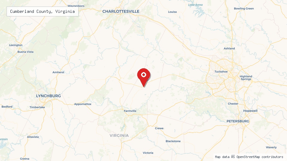 Street map of Cumberland County, Virginia with location pin