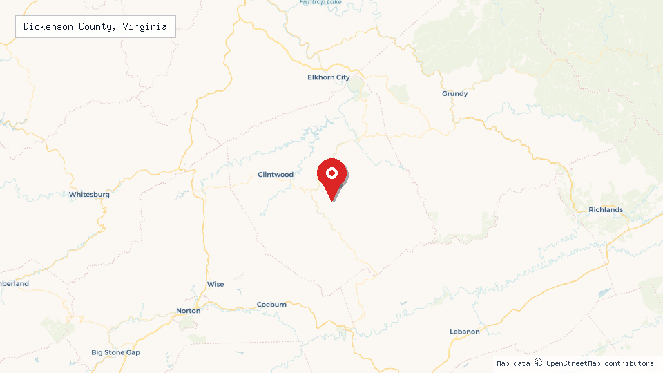 Street map of Dickenson County, Virginia with location pin