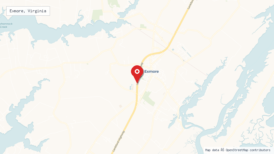 Street map of Exmore, Virginia with location pin