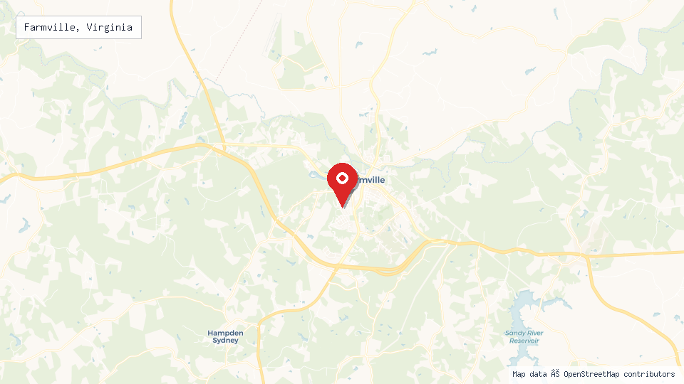 Street map of Farmville, Virginia with location pin