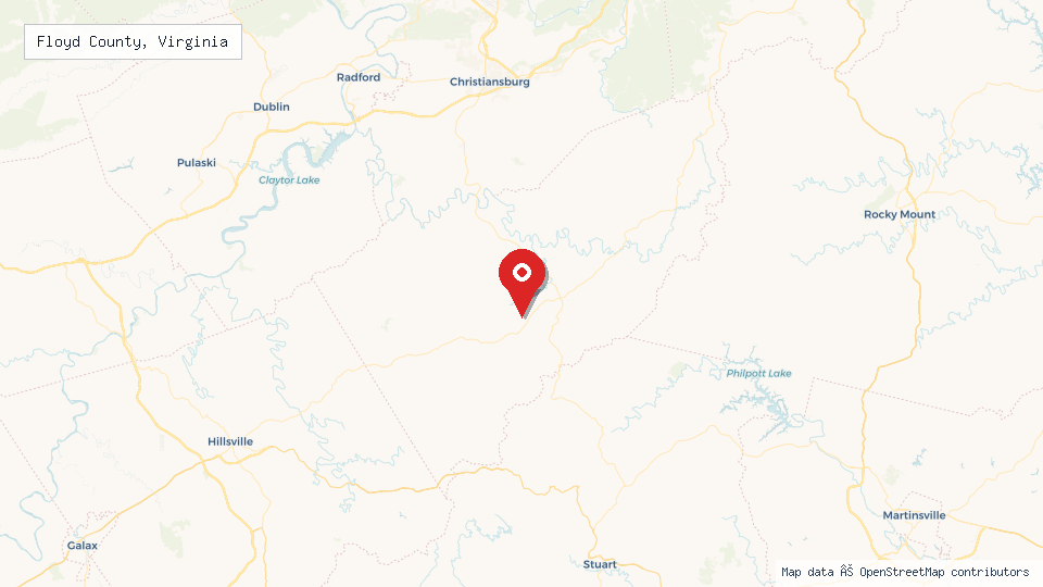 Street map of Floyd County, Virginia with location pin