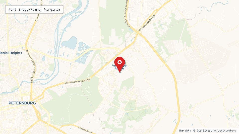 Street map of Fort Gregg-Adams, Virginia with location pin