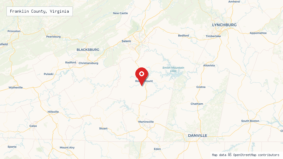 Street map of Franklin County, Virginia with location pin