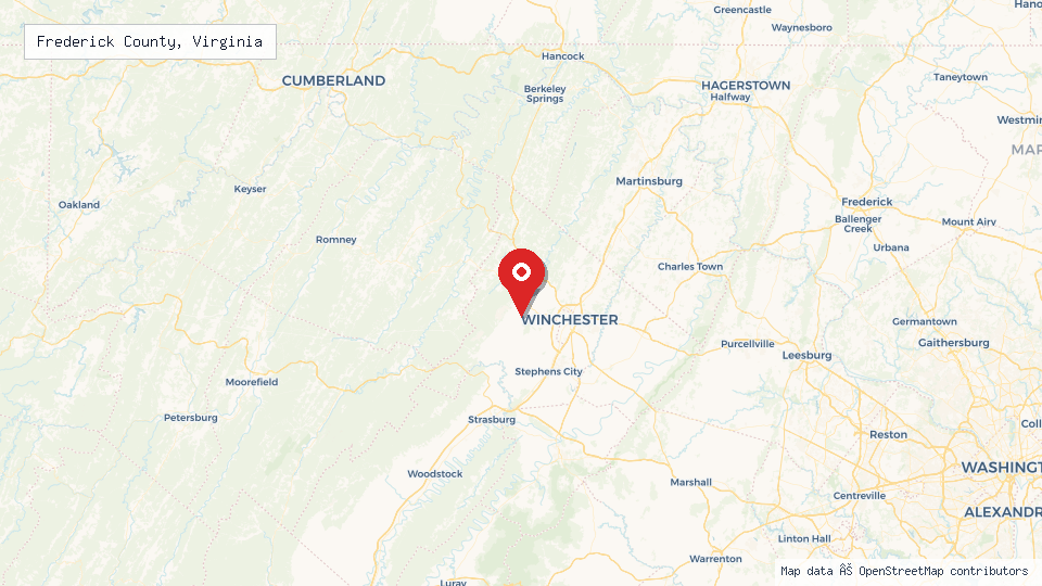 Street map of Frederick County, Virginia with location pin