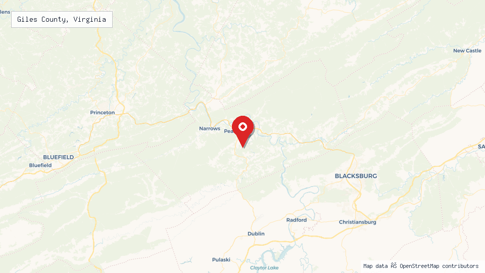 Street map of Giles County, Virginia with location pin