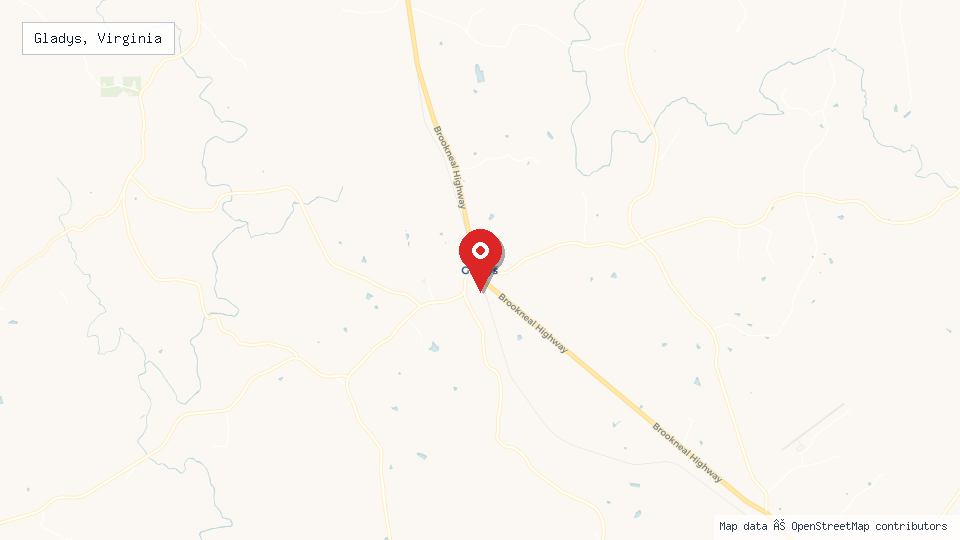 Street map of Gladys, Virginia with location pin