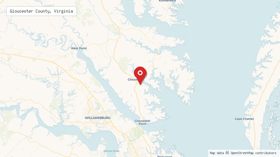 Street map of Gloucester County, Virginia with location pin