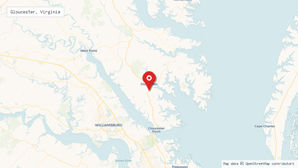 Street map of Gloucester, Virginia with location pin