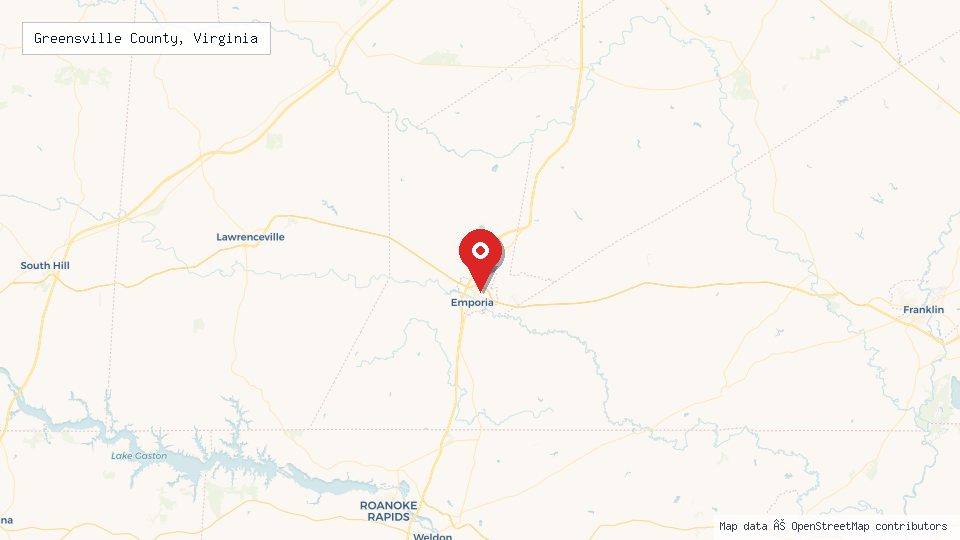 Street map of Greensville County, Virginia with location pin