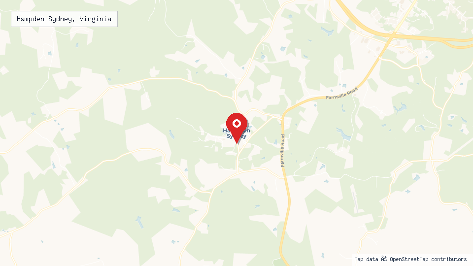 Street map of Hampden Sydney, Virginia with location pin