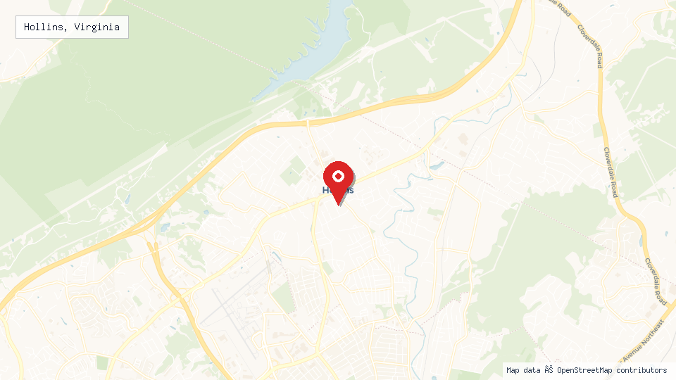 Street map of Hollins, Virginia with location pin