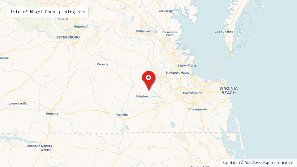 Street map of Isle of Wight County, Virginia with location pin