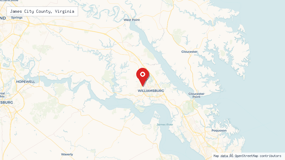 Street map of James City County, Virginia with location pin