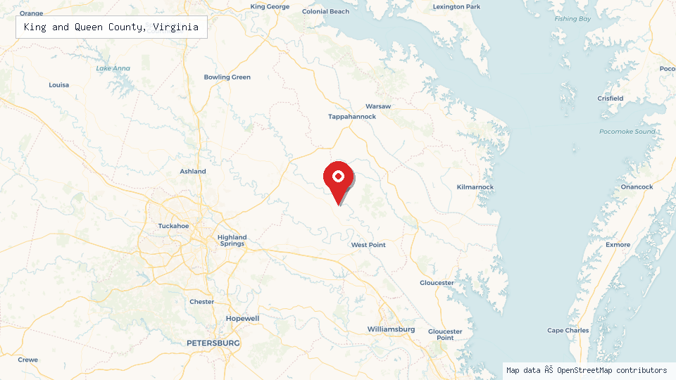 Street map of King and Queen County, Virginia with location pin