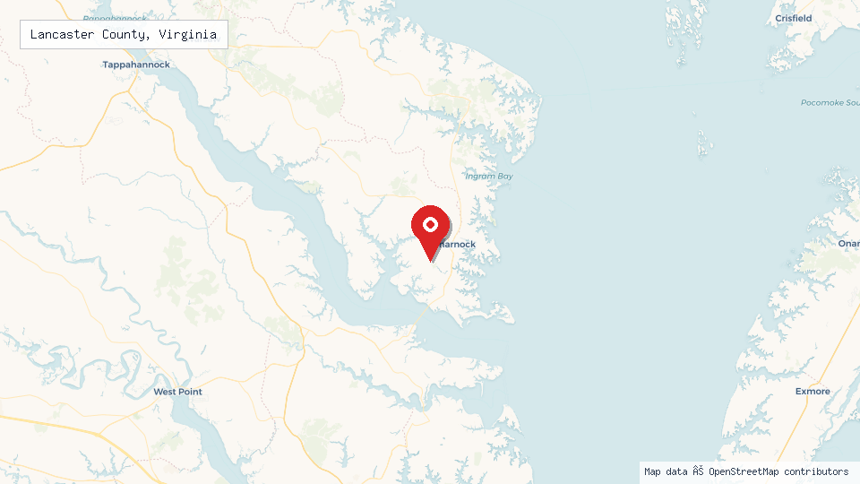 Street map of Lancaster County, Virginia with location pin