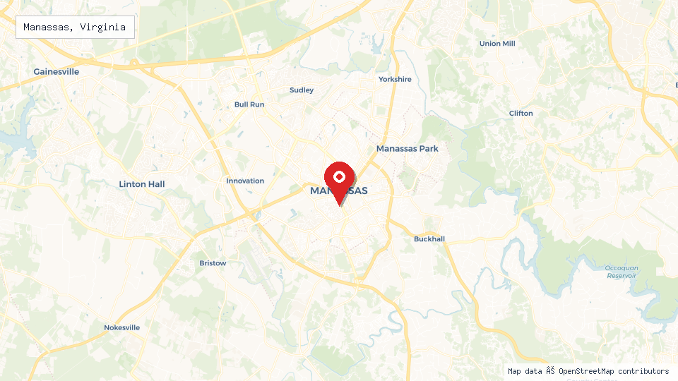 Street map of Manassas, Virginia with location pin