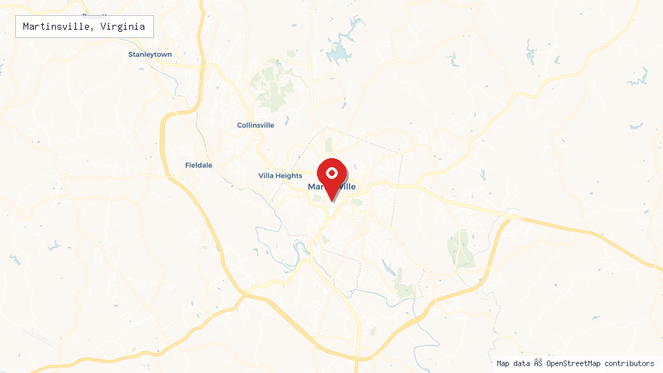 Street map of Martinsville, Virginia with location pin