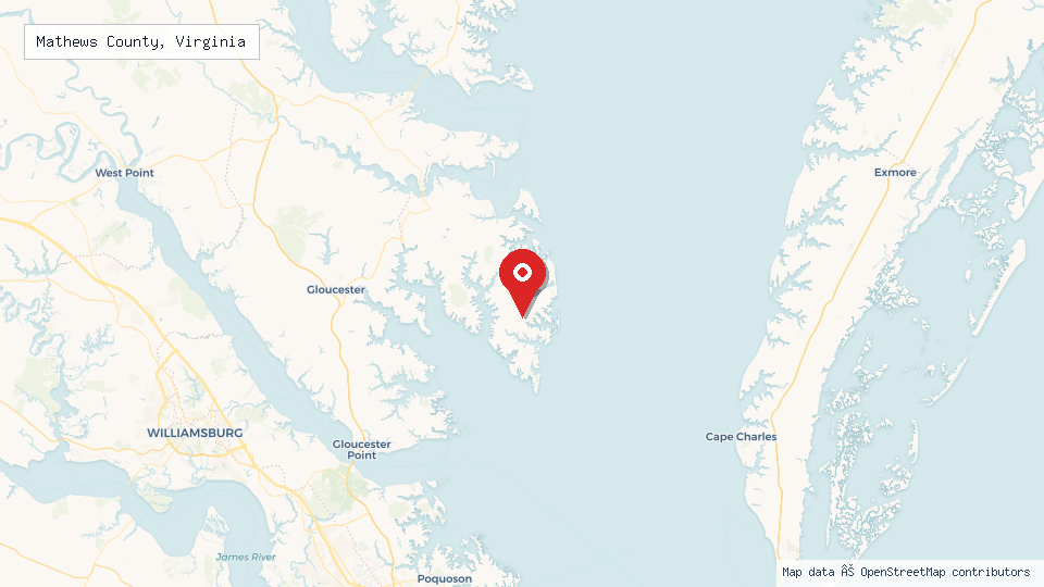 Street map of Mathews County, Virginia with location pin