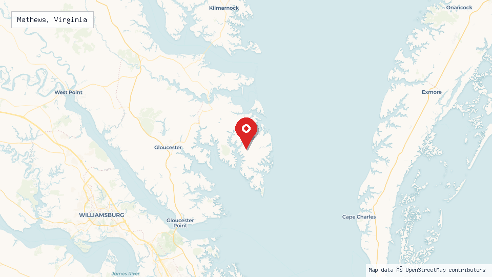 Street map of Mathews, Virginia with location pin