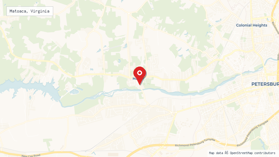 Street map of Matoaca, Virginia with location pin