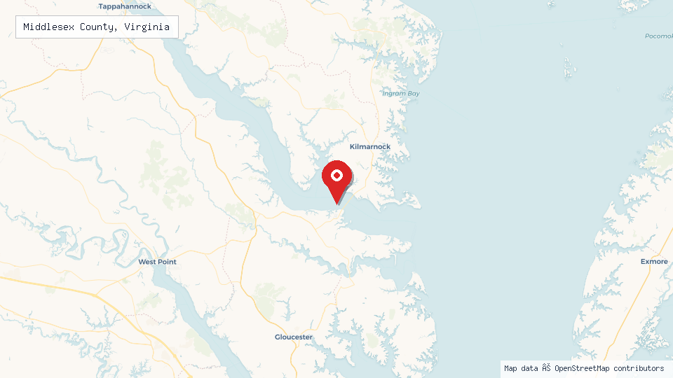 Street map of Middlesex County, Virginia with location pin