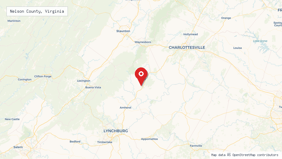 Street map of Nelson County, Virginia with location pin