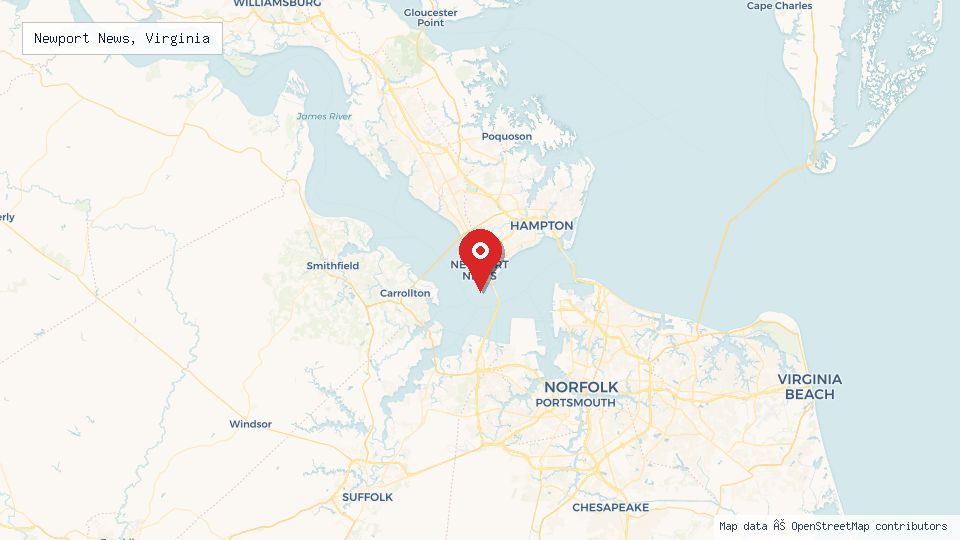 Street map of Newport News, Virginia with location pin