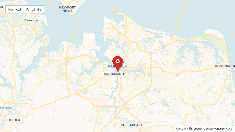 Street map of Norfolk, Virginia with location pin