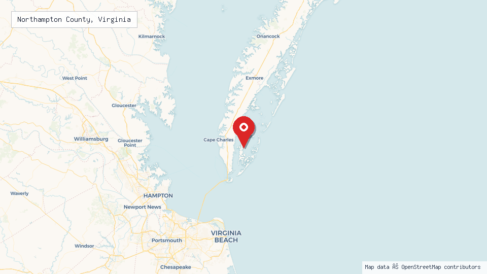 Street map of Northampton County, Virginia with location pin
