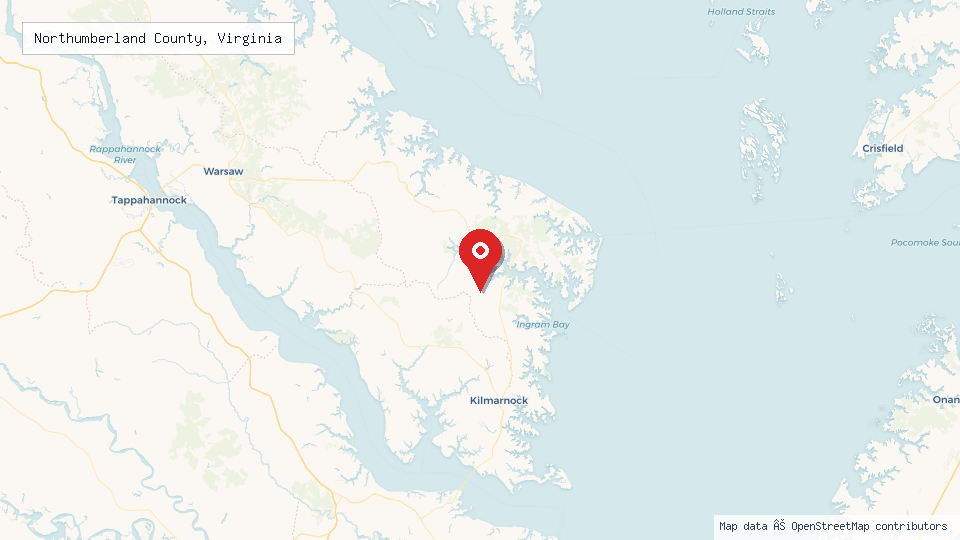 Street map of Northumberland County, Virginia with location pin