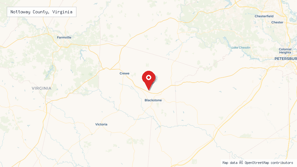Street map of Nottoway County, Virginia with location pin