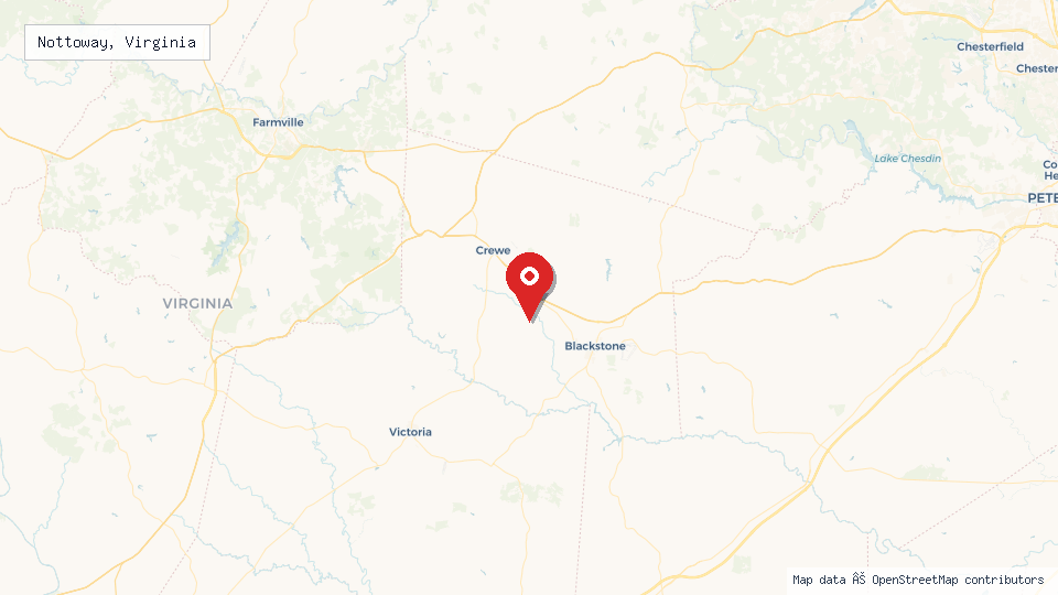 Street map of Nottoway, Virginia with location pin