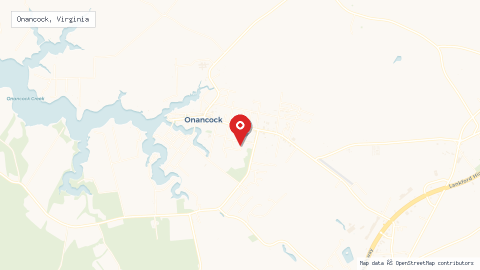 Street map of Onancock, Virginia with location pin