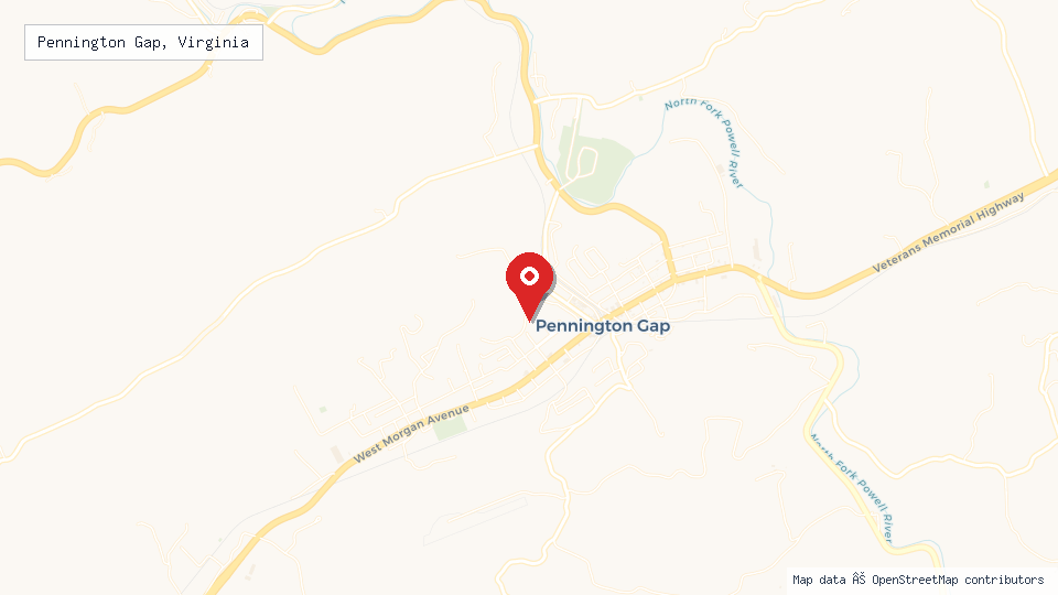 Street map of Pennington Gap, Virginia with location pin