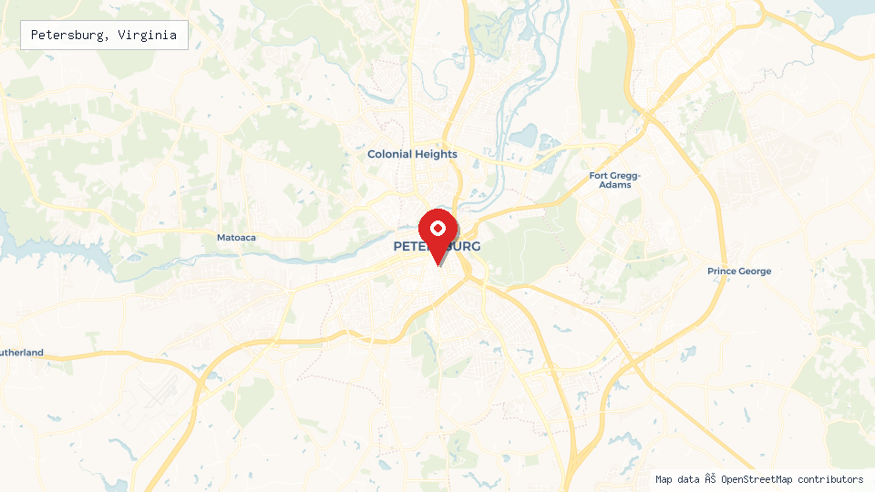 Street map of Petersburg, Virginia with location pin