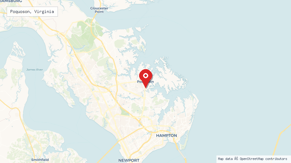 Street map of Poquoson, Virginia with location pin