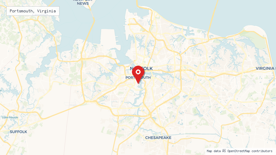 Street map of Portsmouth, Virginia with location pin