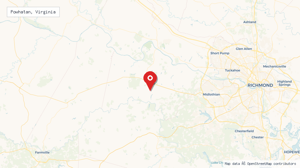 Street map of Powhatan, Virginia with location pin