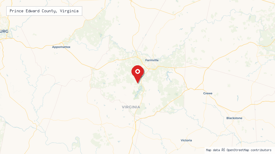 Street map of Prince Edward County, Virginia with location pin