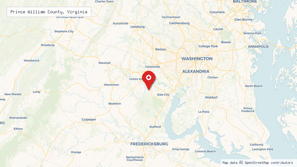 Street map of Prince William County, Virginia with location pin
