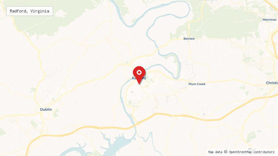 Street map of Radford, Virginia with location pin