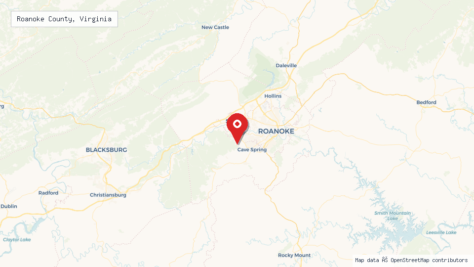 Street map of Roanoke County, Virginia with location pin